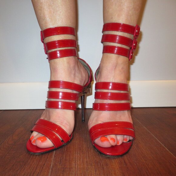 KARL LAGERFELD Red Made in Italy Triple Ankle Strap Heels - Picture 1 of 9